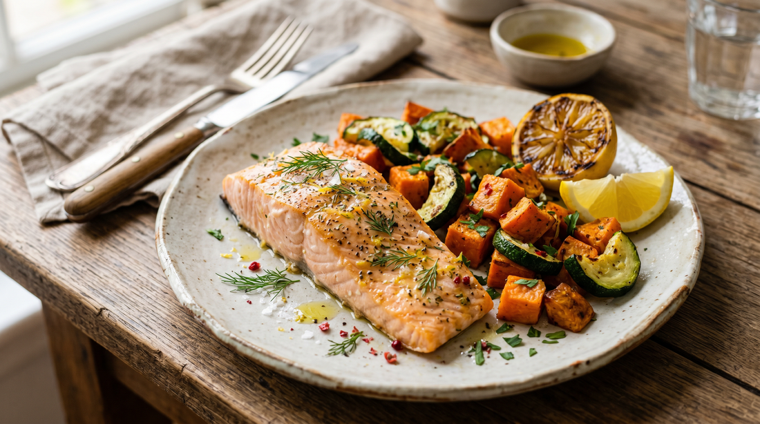 Salmão no forno com Batata-Doce, Curgete e Limão
