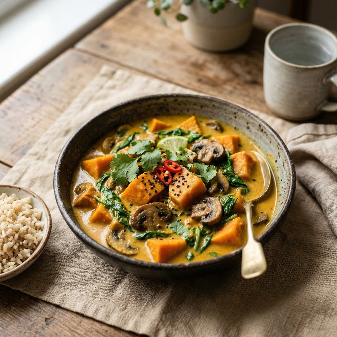 Caril Vegan de Batata-doce, Cogumelo Marrom e Espinafres