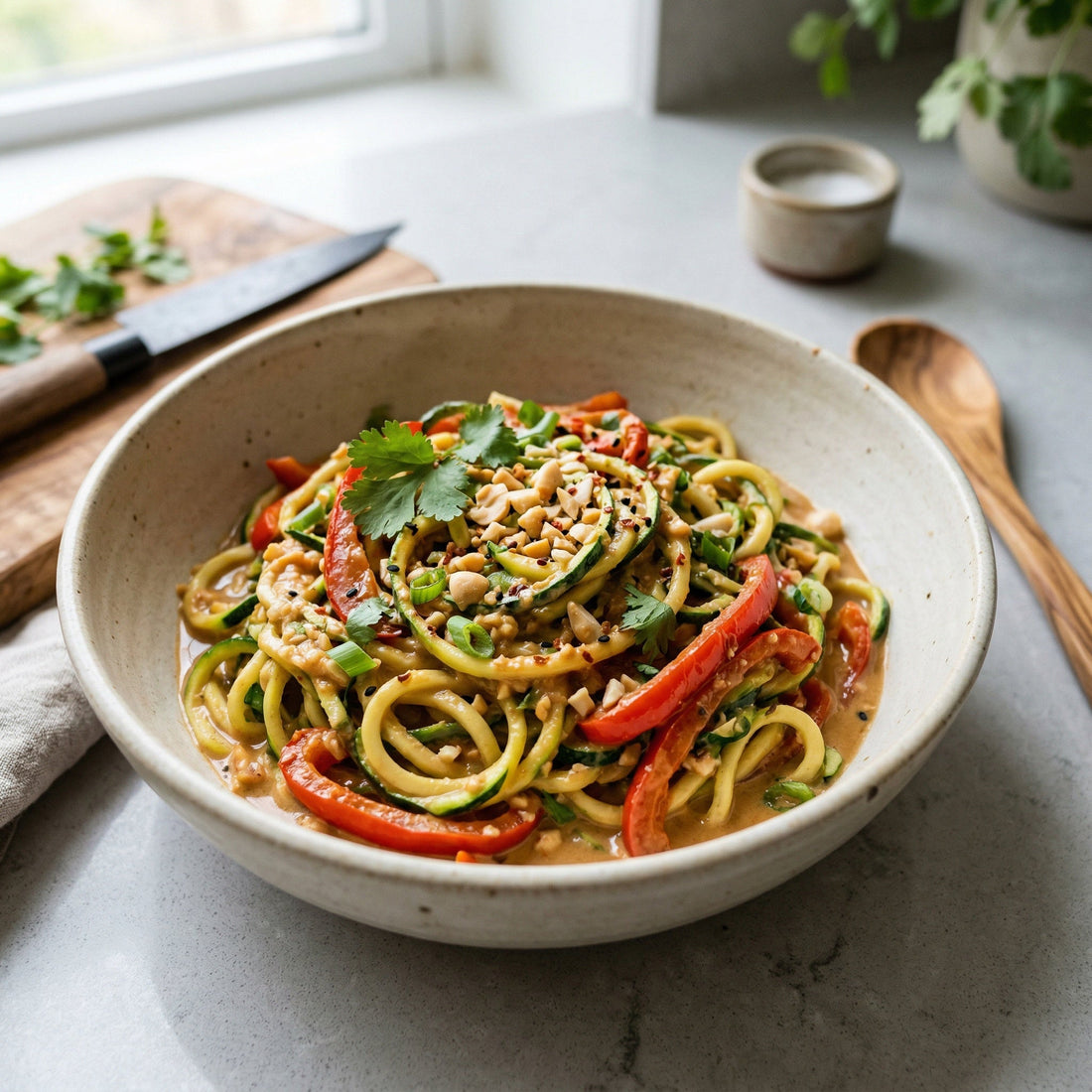 “Noodles” de curgete com pimento e molho de amendoim
