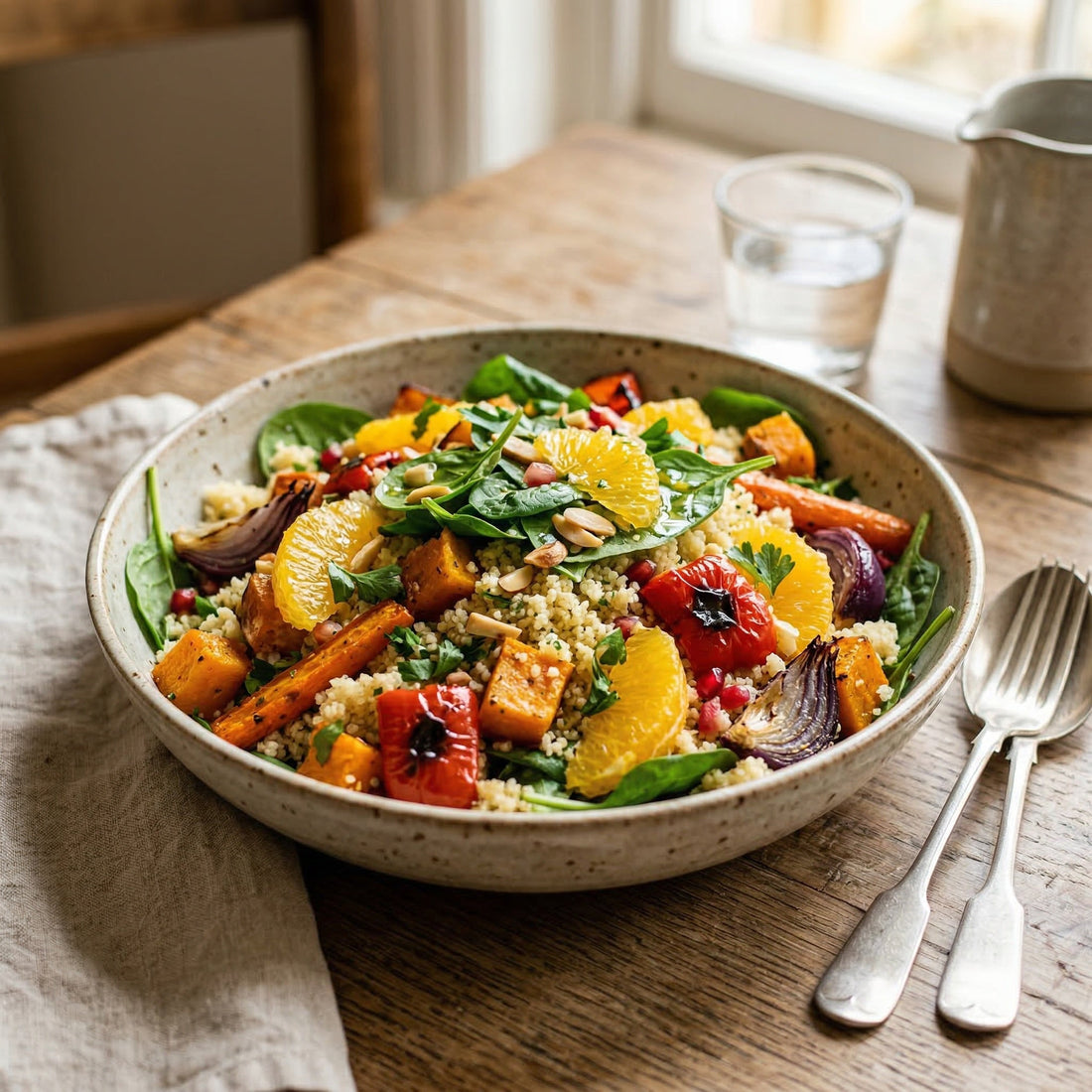 Cuscuz de legumes assados com laranja e espinafre