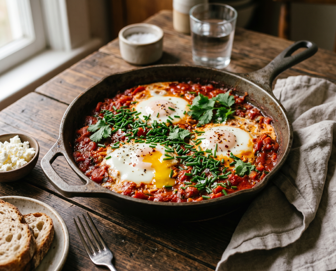 Shakshuka de Tomate Rosa com Cebolinho