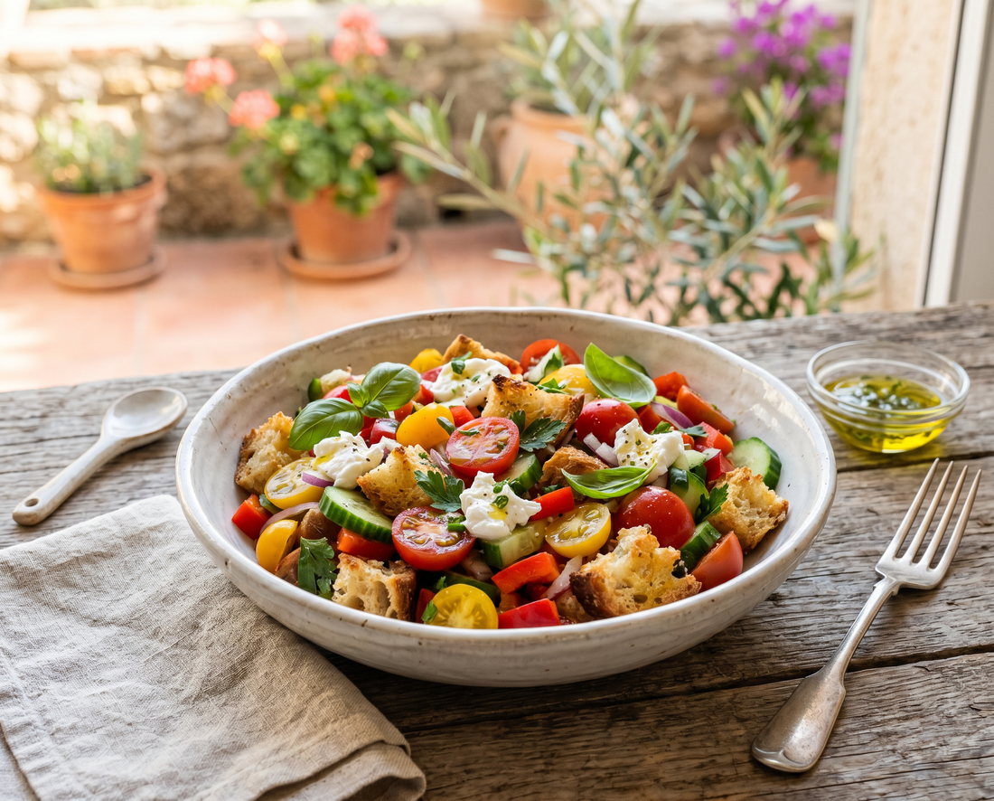 Panzanella de verão com tomate chucha, pepino e pimento vermelho
