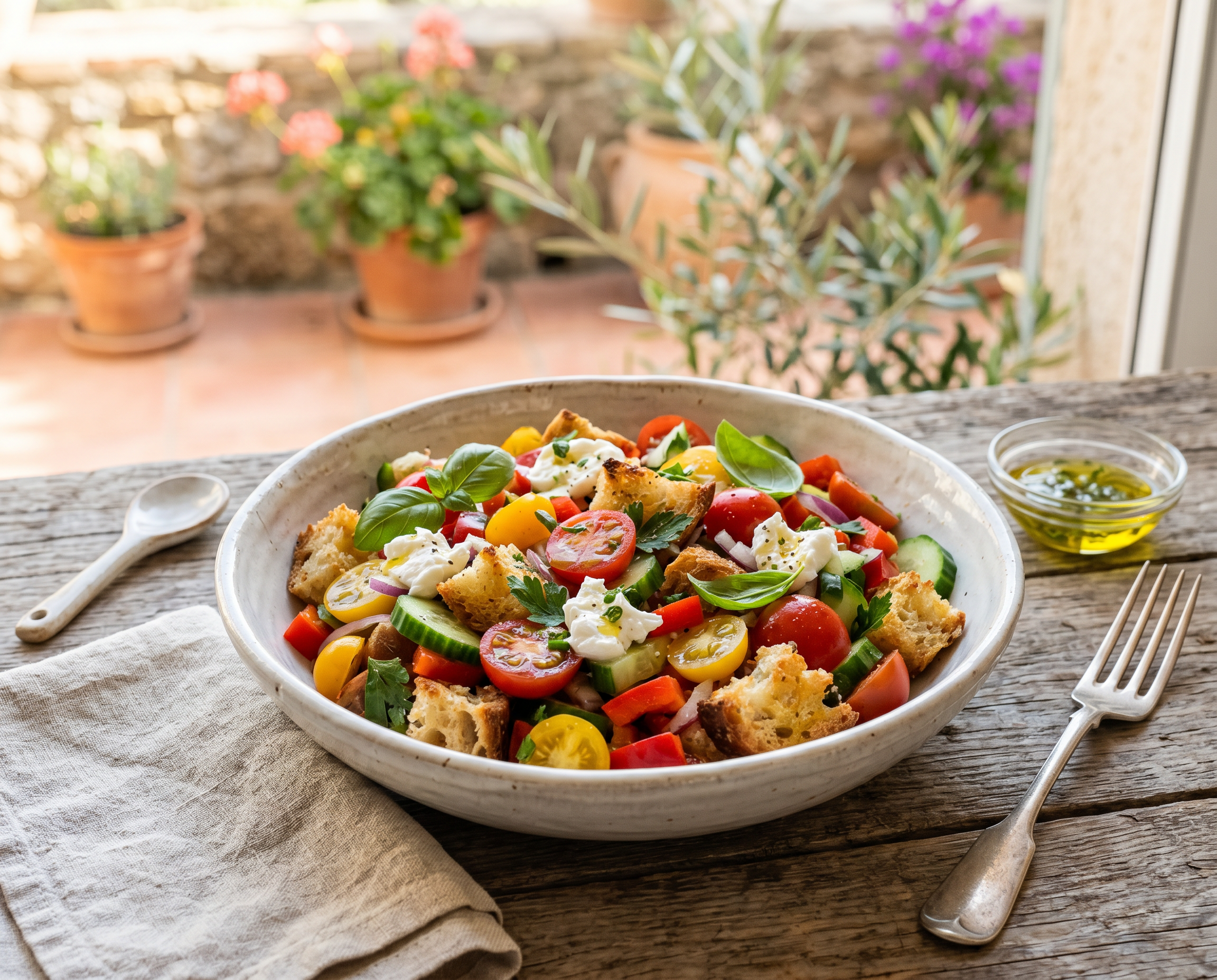 Panzanella de verão com tomate chucha, pepino e pimento vermelho