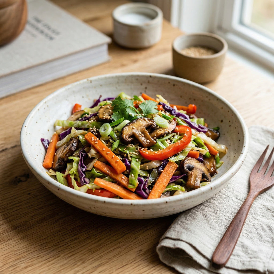Stir-fry de Couve Repolho, Cenoura, Pimento e Cogumelos