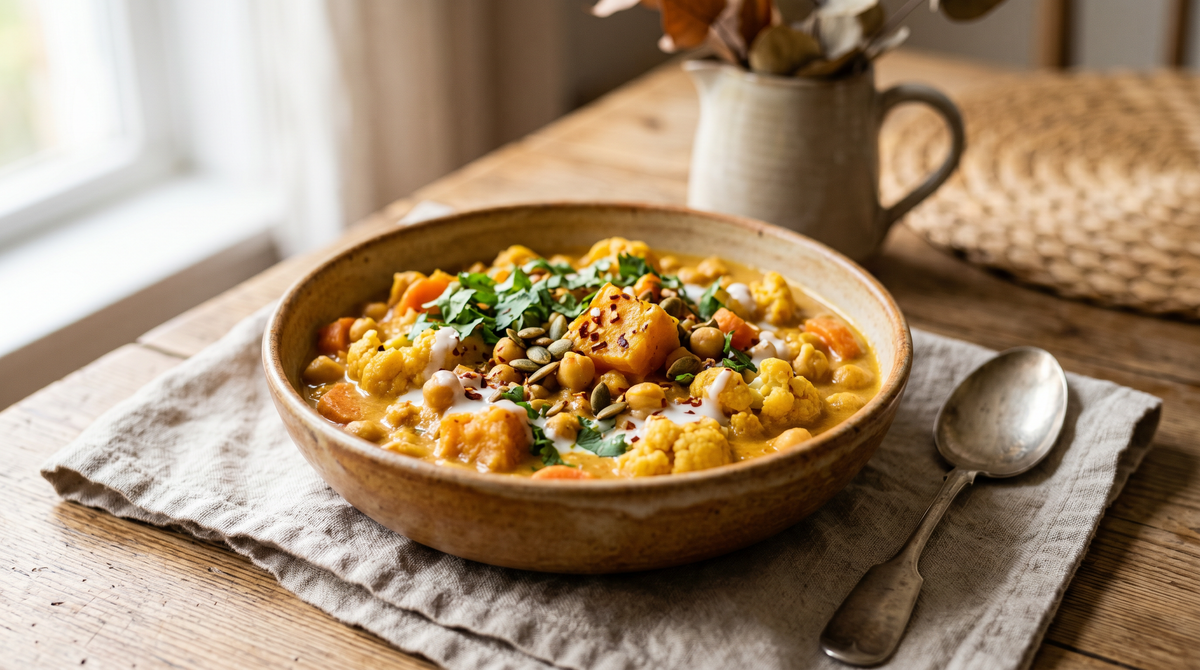 Caril de grão-de-bico com abóbora e legumes