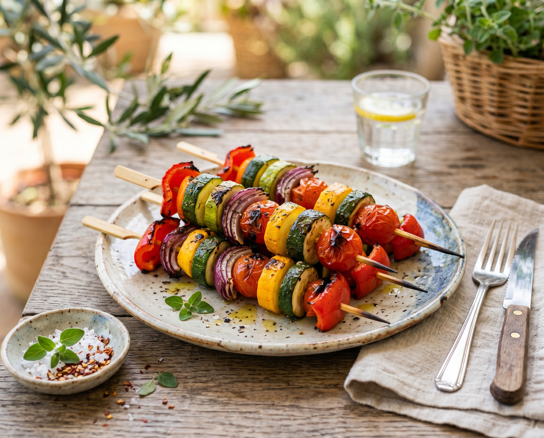 Espetadas de legumes de verão com pimento vermelho e curgete