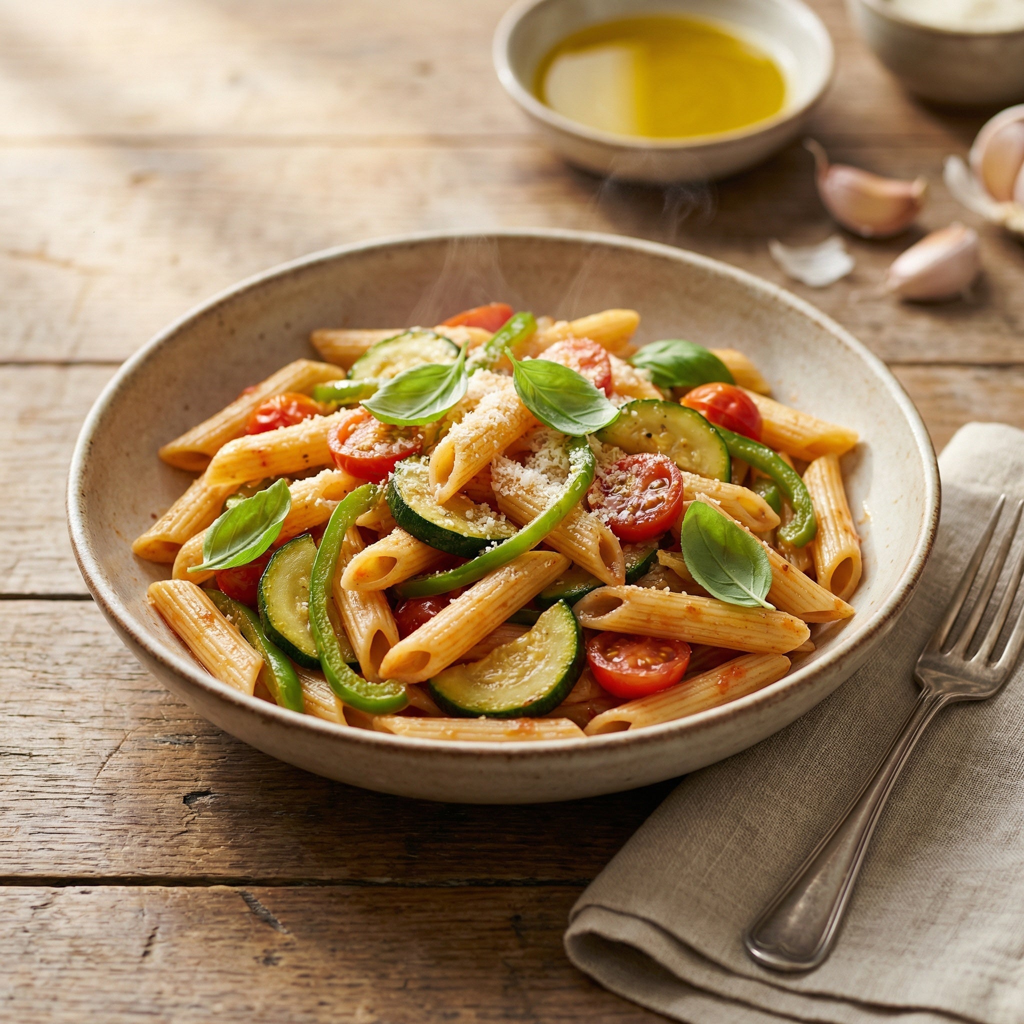 Massa “primavera” com Curgete, Pimento Verde e Tomate