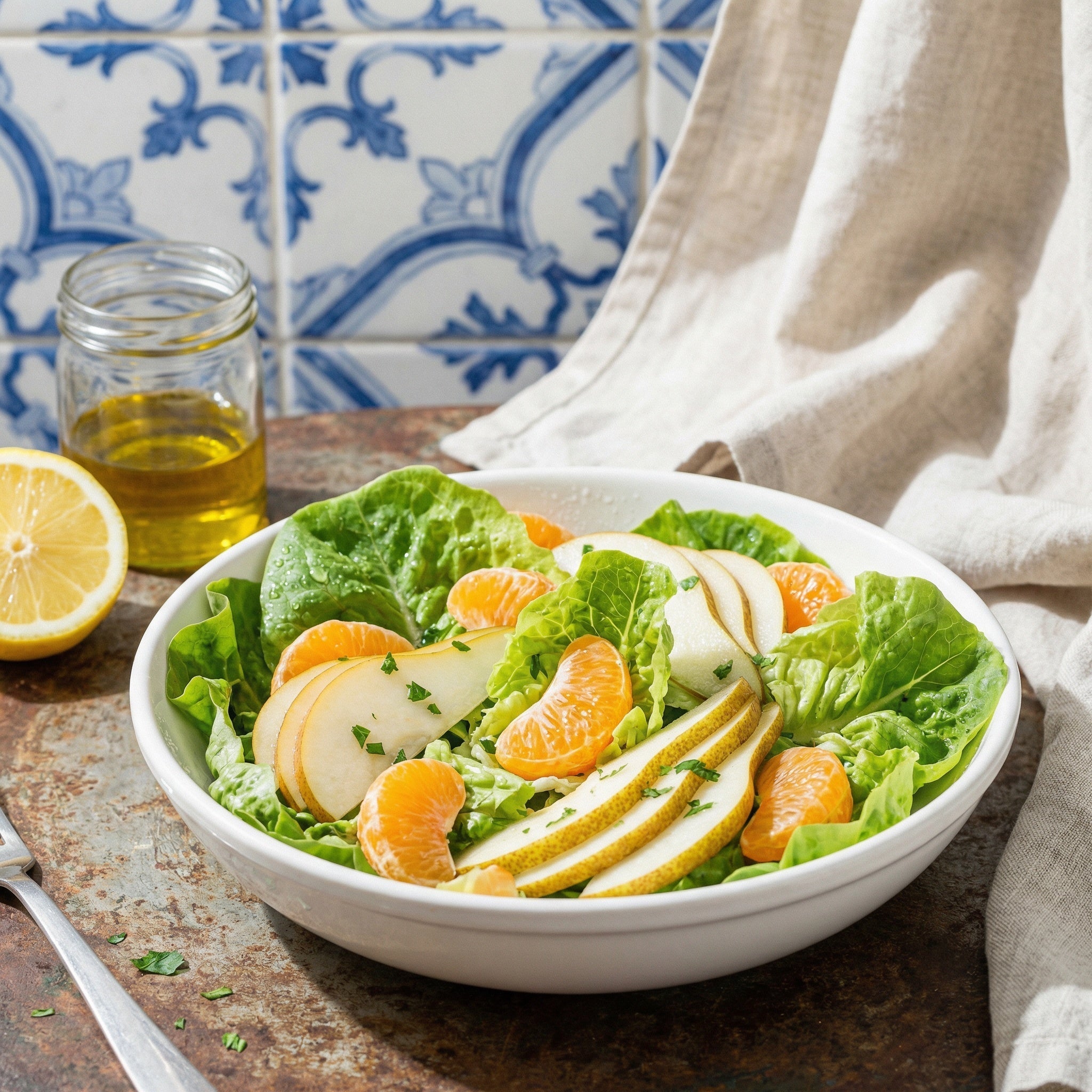 Salada crocante de alface, pera rocha e clementina (vinagrete de limão e salsa)