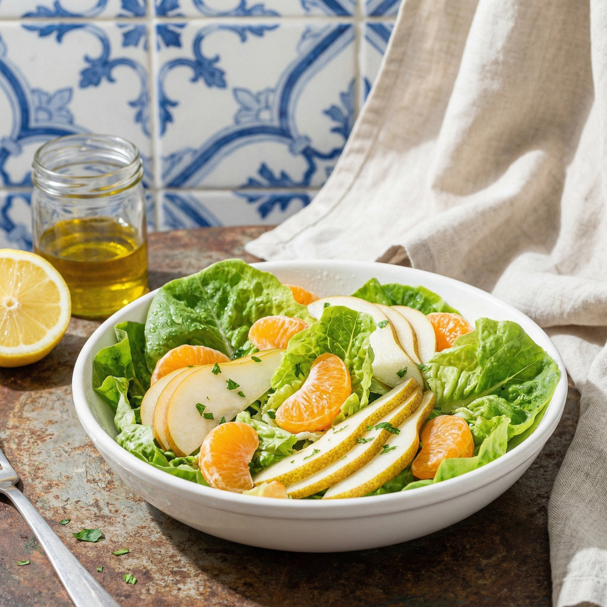 Salada crocante de alface, pera rocha e clementina (vinagrete de limão e salsa)