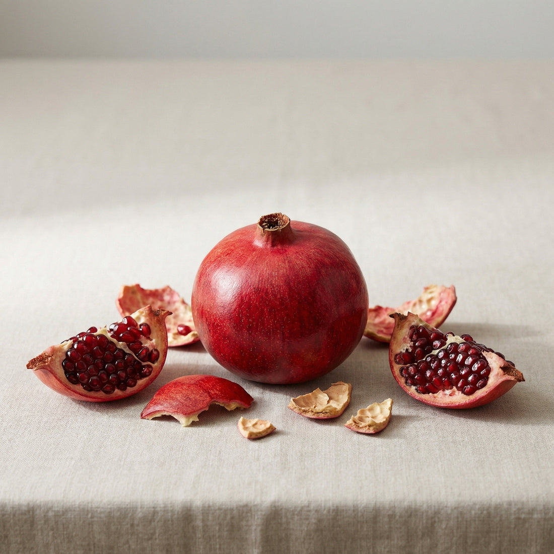 Romã aberta com bagos vermelhos, fruta da época de outubro