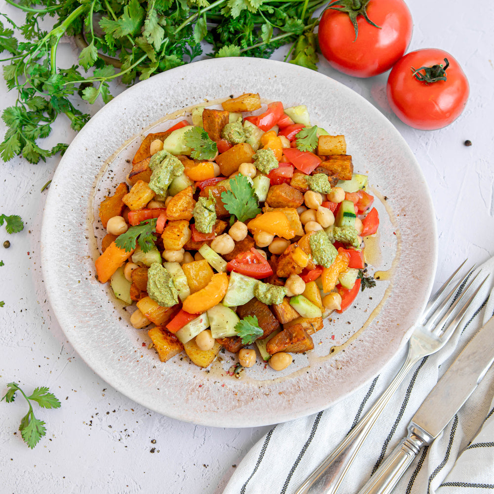 Salada de grão de bico com pesto de Coentros Equal Food Cabaz frutas e legumes