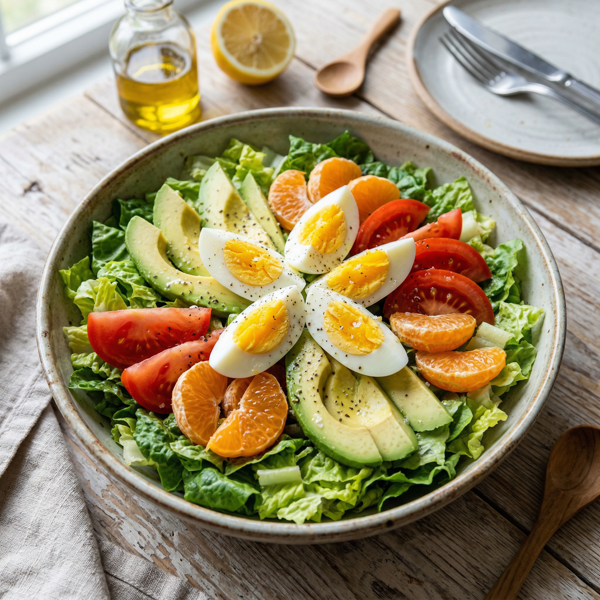 Salada fresca de alface, abacate, tomate, clementina e ovo cozido
