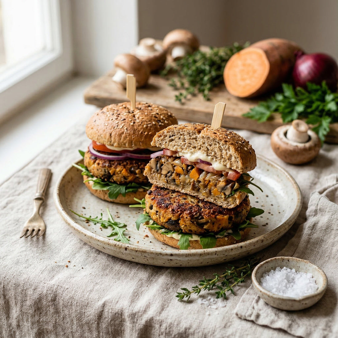 Hambúrgueres vegetarianos de cogumelo marrom, batata-doce e cebola