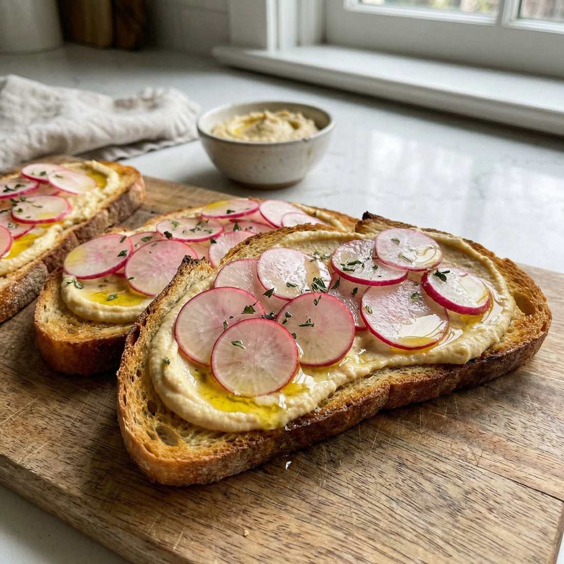 Tostas de húmus com rabanete marinado e azeite