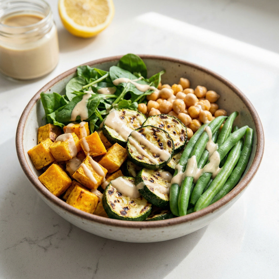 Buddha bowl: batata doce assada, curgete e feijão-verde com molho tahini
