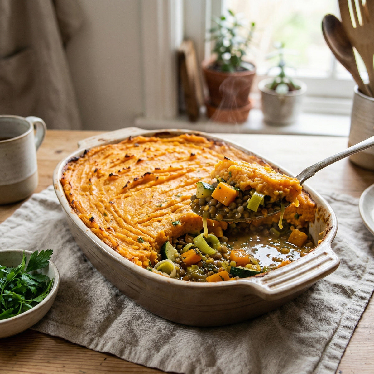 Empadão vegetariano com puré de batata-doce