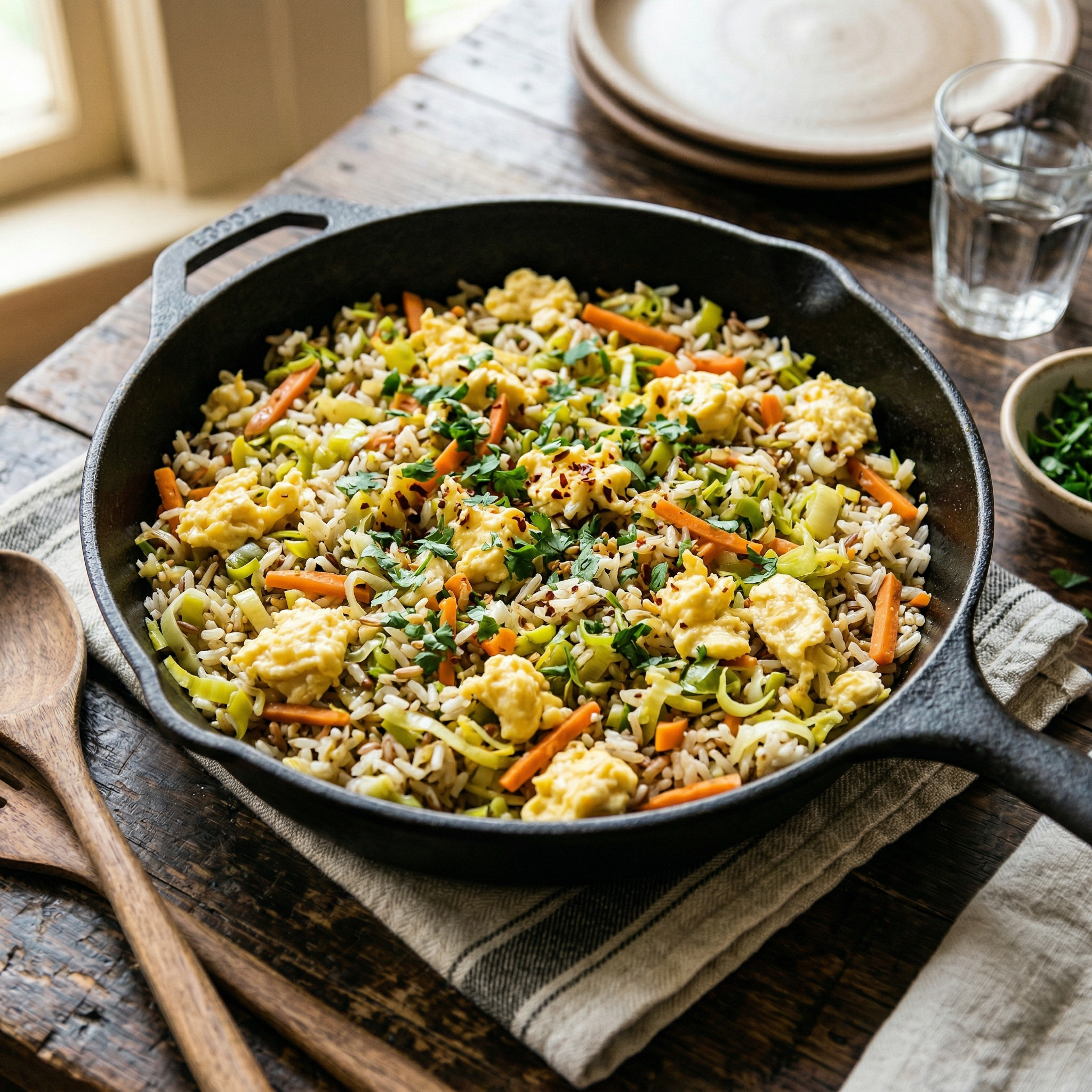 Arroz de alho-francês, cenoura e ovos mexidos