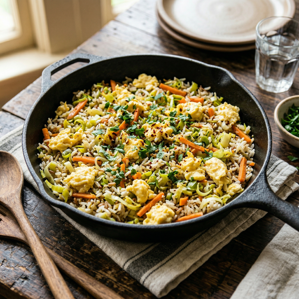 Arroz de alho-francês, cenoura e ovos mexidos