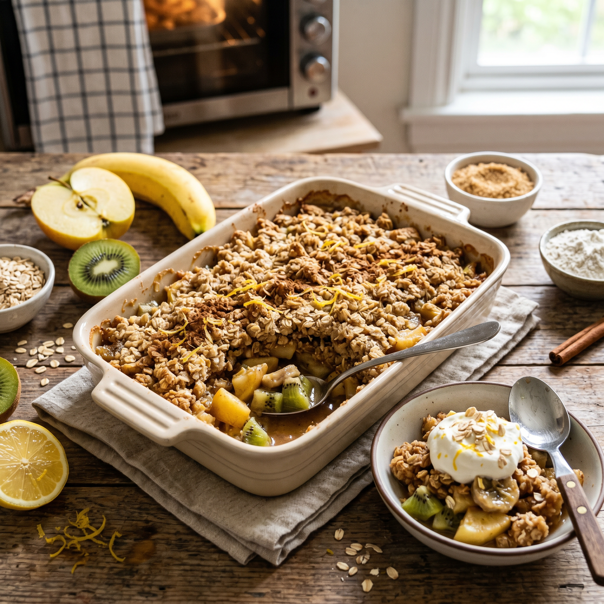 Crumble de maçã, banana e kiwi com toque cítrico