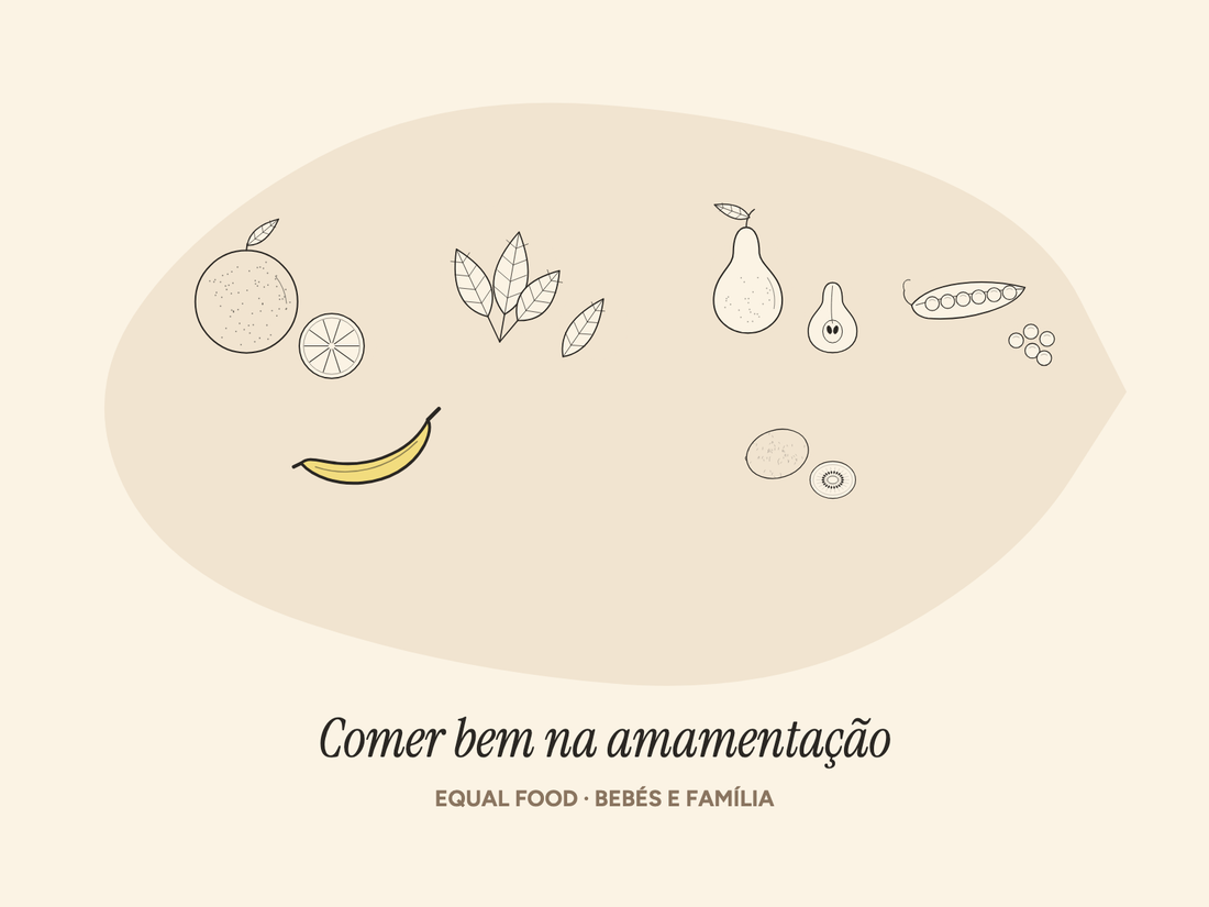 Ilustração de laranja, espinafres, pera, ervilhas, banana e kiwi para a amamentação