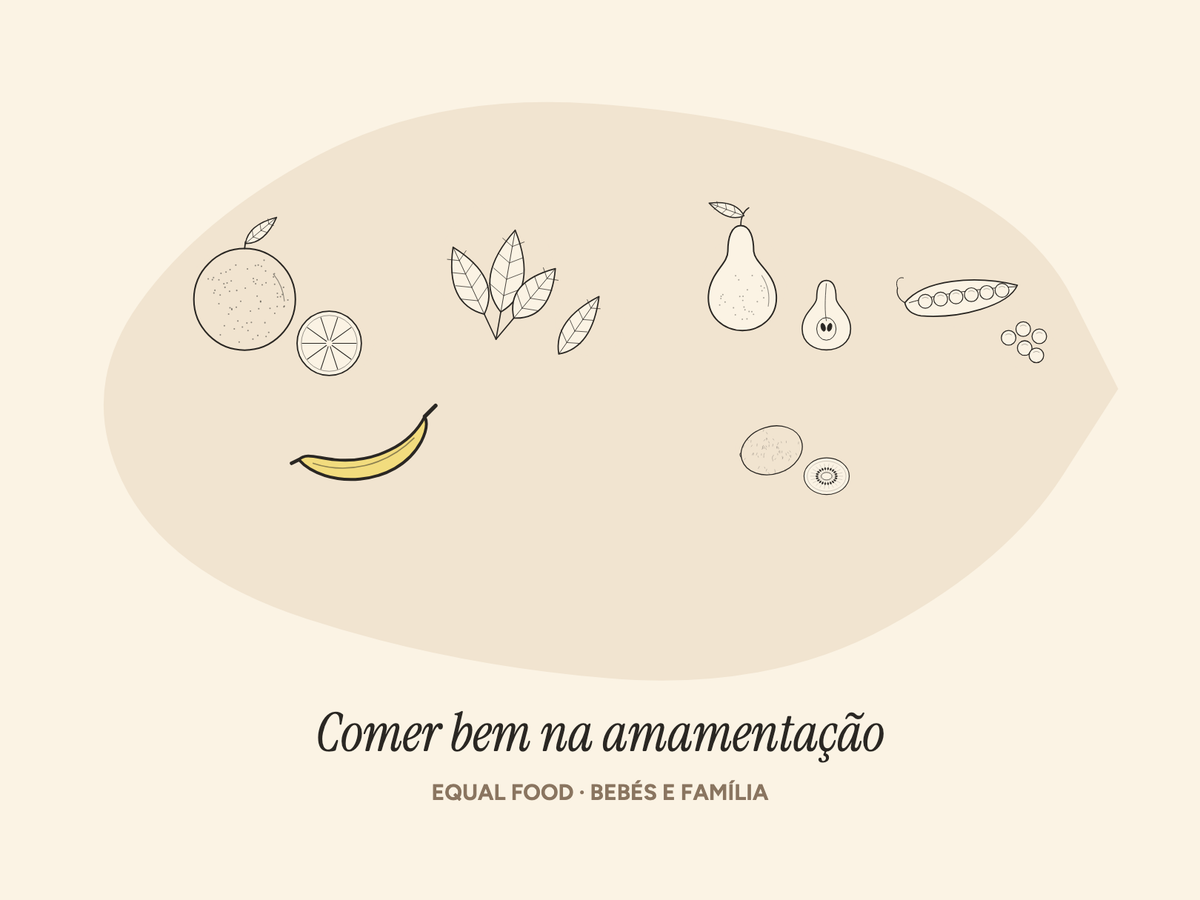 Ilustração de laranja, espinafres, pera, ervilhas, banana e kiwi para a amamentação
