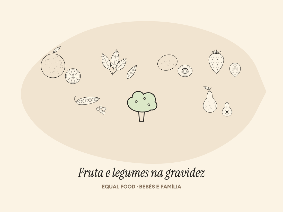 Ilustração de fruta e legumes para a alimentação na gravidez