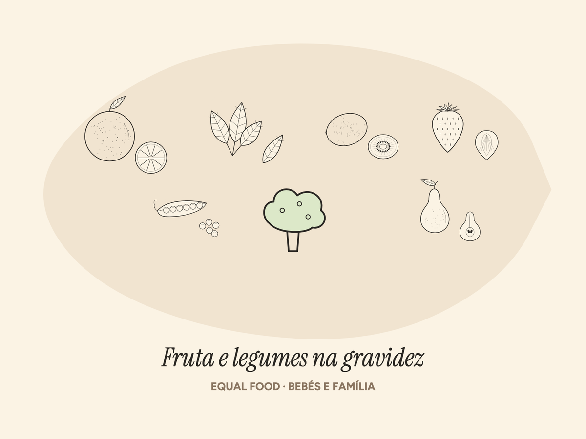 Ilustração de fruta e legumes para a alimentação na gravidez