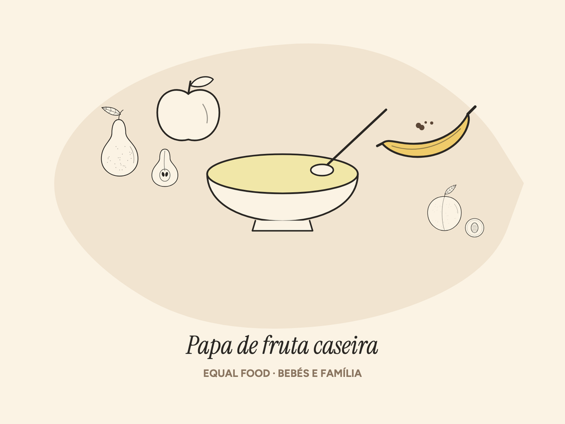 Ilustração de uma tigela de papa de fruta com pera, maçã, banana e pêssego