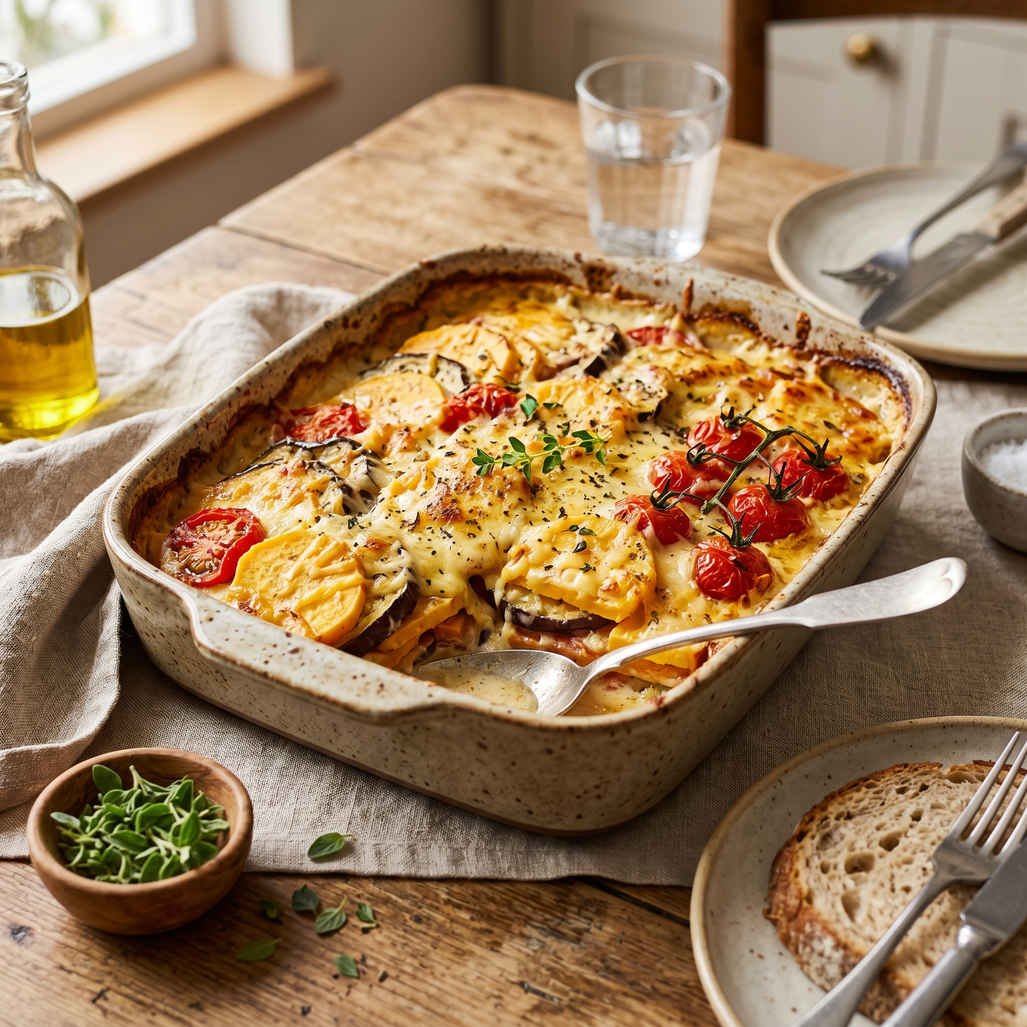 Gratinado tentador de batata-doce, beringela e tomate rama