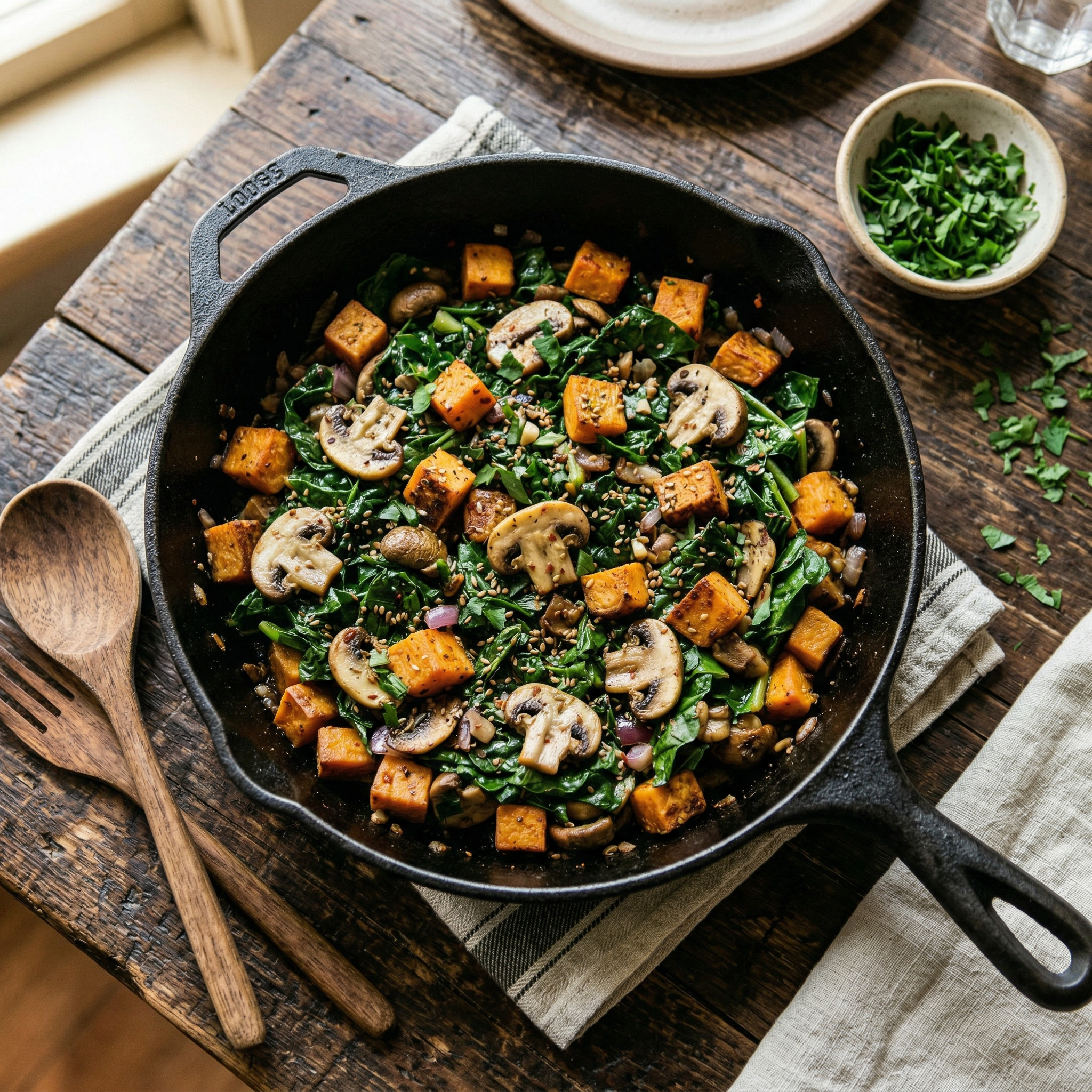 Salteado de batata, couve coração e cogumelo branco