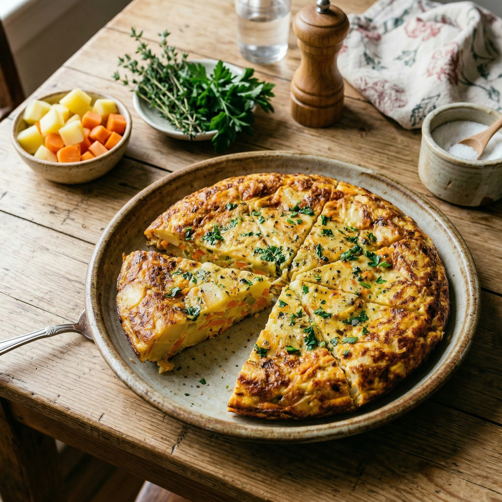Tortilha de batata, alho-francês, cenoura e ovos